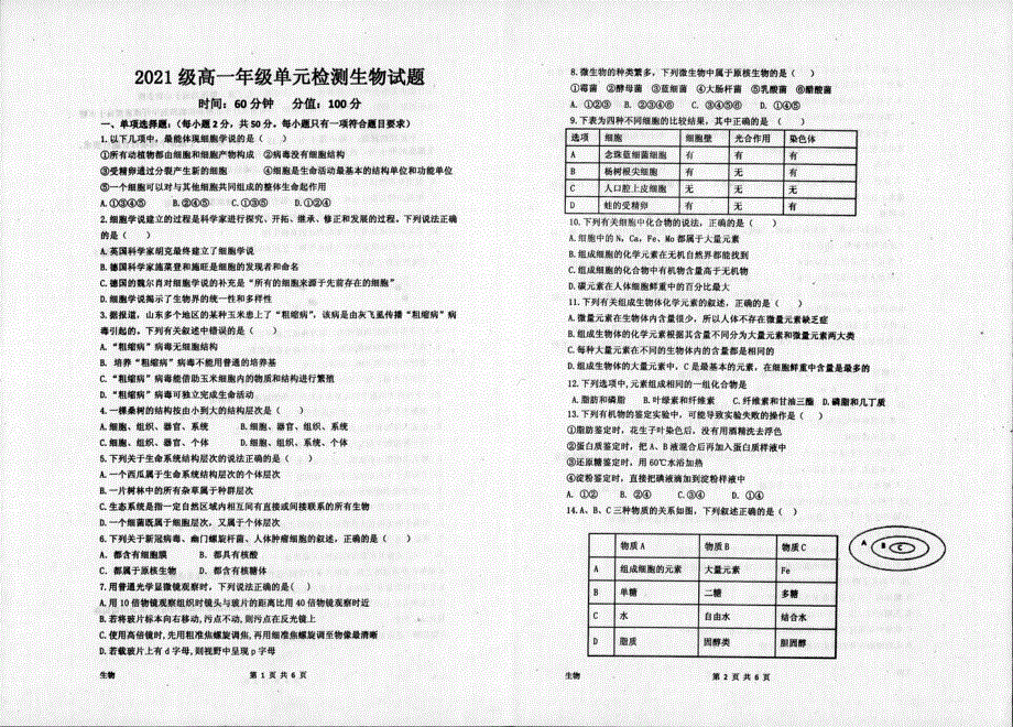 山东省枣庄市第八中学东校2021-2022学年高一上学期10月单元测试生物试题 扫描版含答案.pdf_第1页