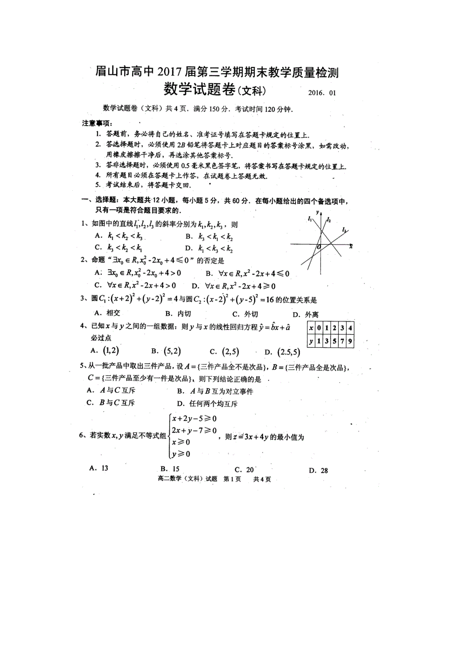 四川省眉山市2015-2016学年高二上学期期末统考数学（文）试题 扫描版含答案.doc_第1页