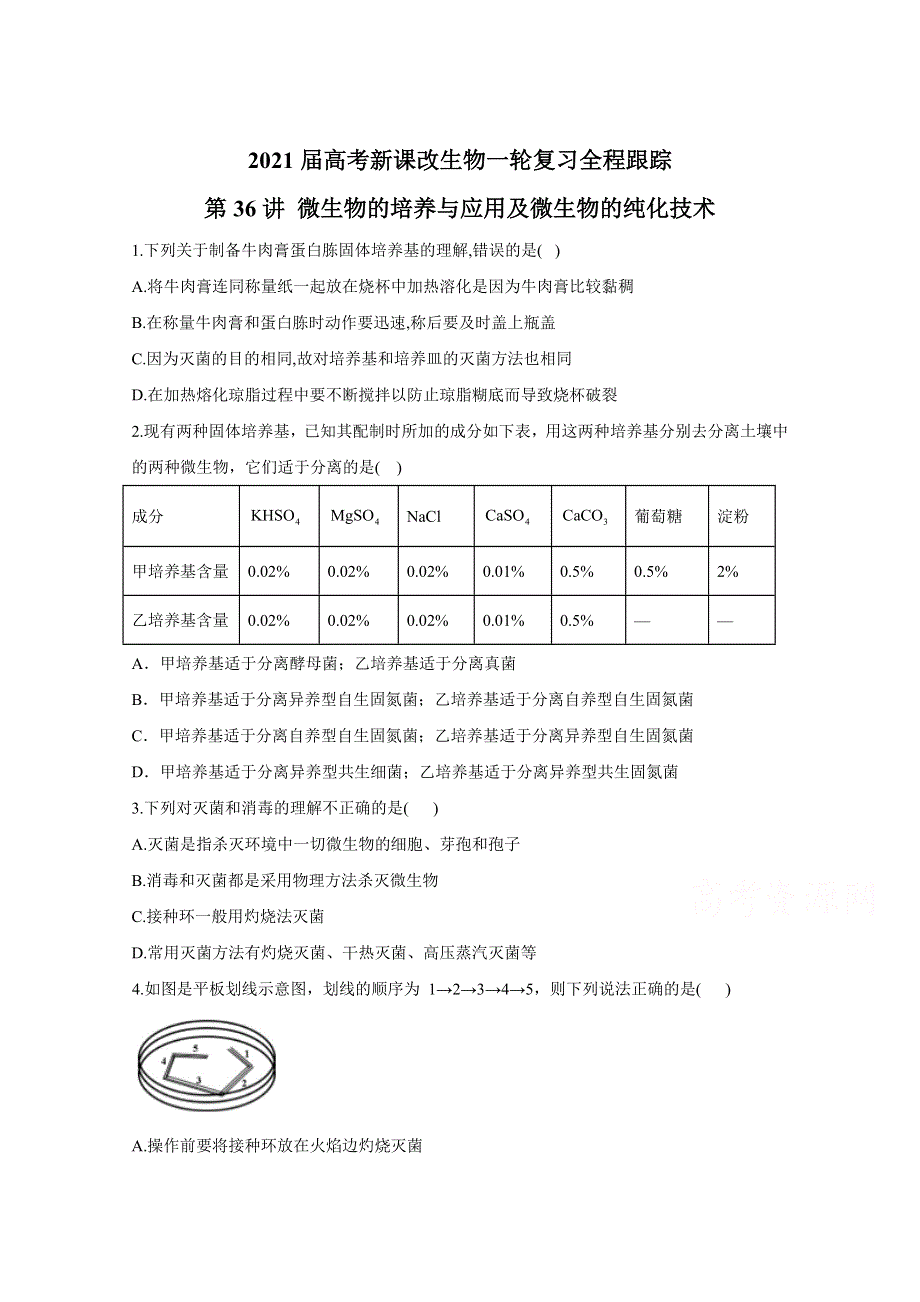 2021届高考新课改生物一轮复习全程跟踪：第36讲 微生物的培养与应用及微生物的纯化技术 WORD版含解析.doc_第1页