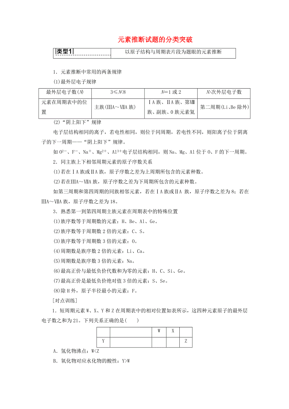 2022届高考化学一轮复习 高考专题讲座3 元素推断试题的分类突破教案 新人教版.doc_第1页