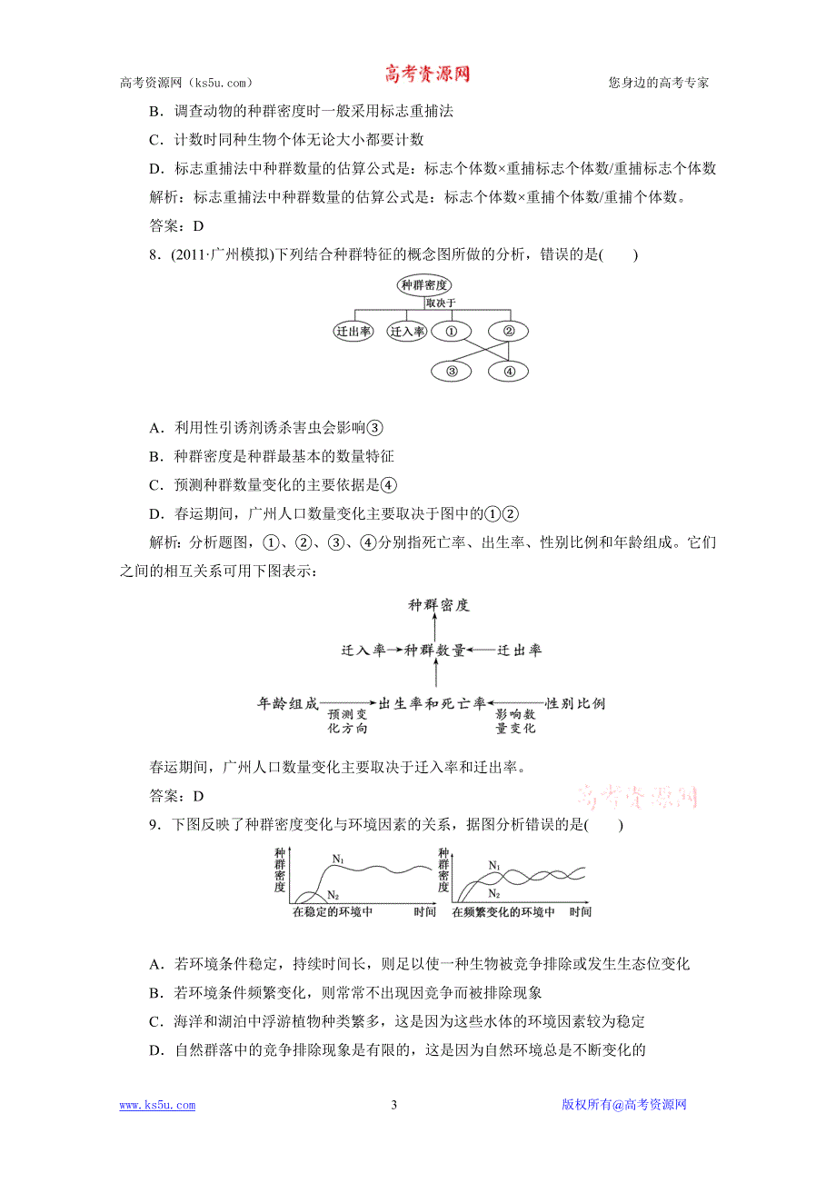 2012届高考生物一轮复习必修③第三单元第一讲 种群的特征与数量变化课时跟踪检测（人教版）.doc_第3页