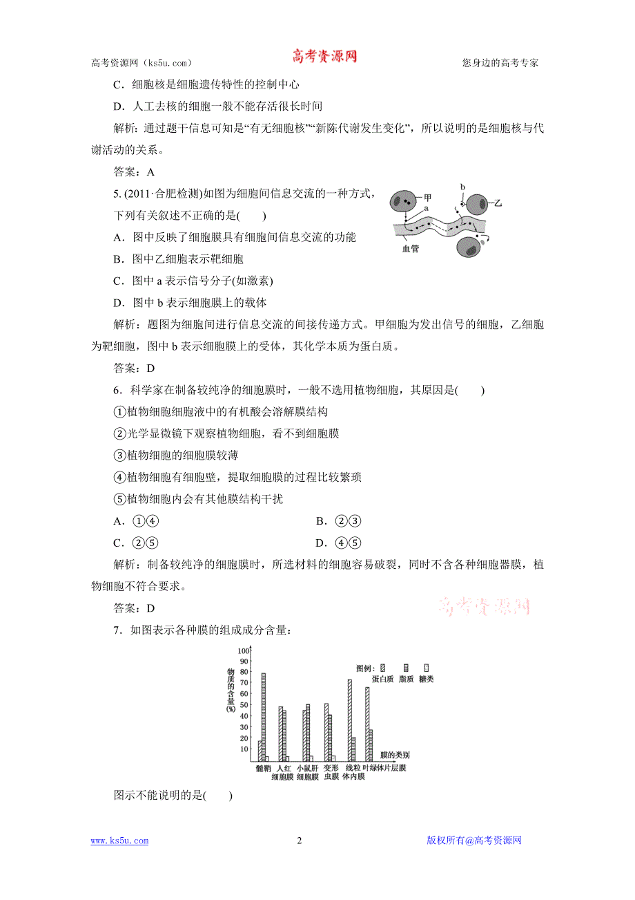 2012届高考生物一轮复习必修一第三章第1、3节课时跟踪检测（人教版）.doc_第2页