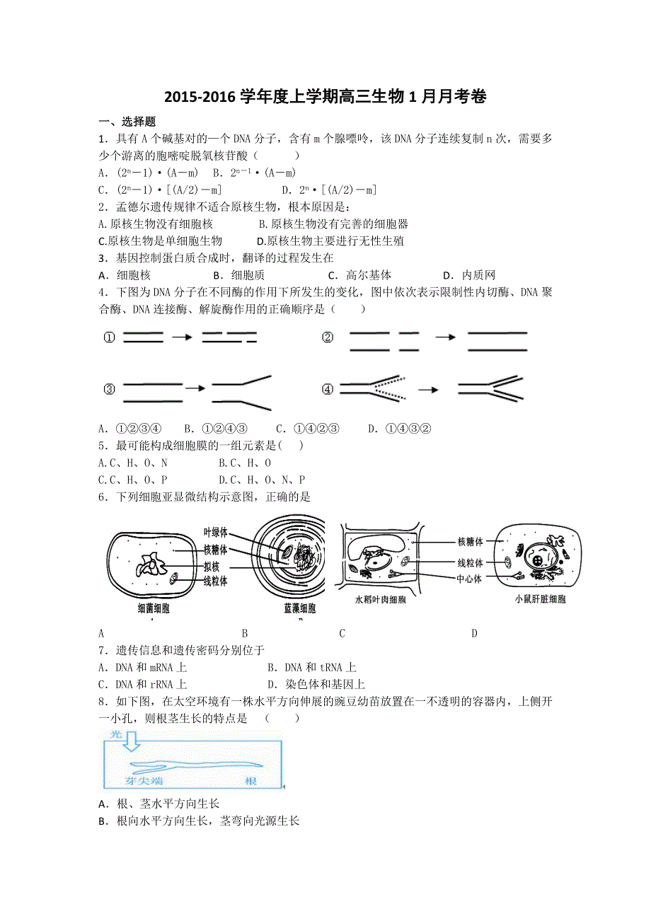 广东省增城市第一中学2016届高三1月月考生物试题 WORD版含答案.doc_第1页