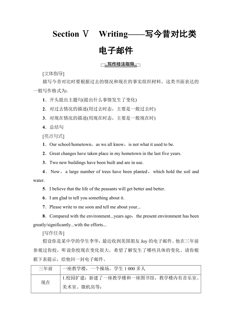 2019-2020同步外研英语必修三新突破讲义：MODULE 6 SECTION Ⅴ　WRITING——写今昔对比类电子邮件 WORD版含答案.doc_第1页