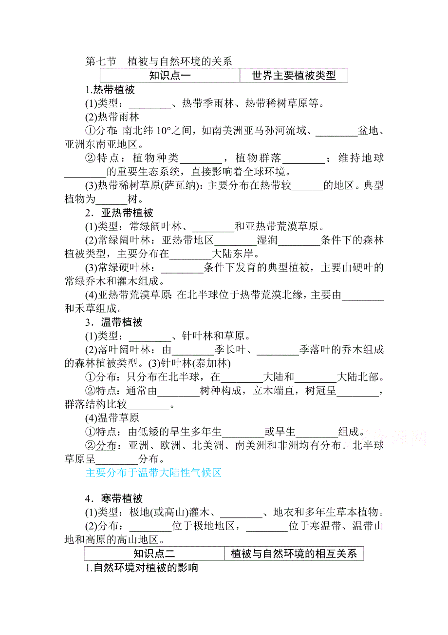 2020-2021学年新教材地理中图版必修第一册知识手册练习：2-7 植被与自然环境的关系 WORD版含解析.doc_第1页