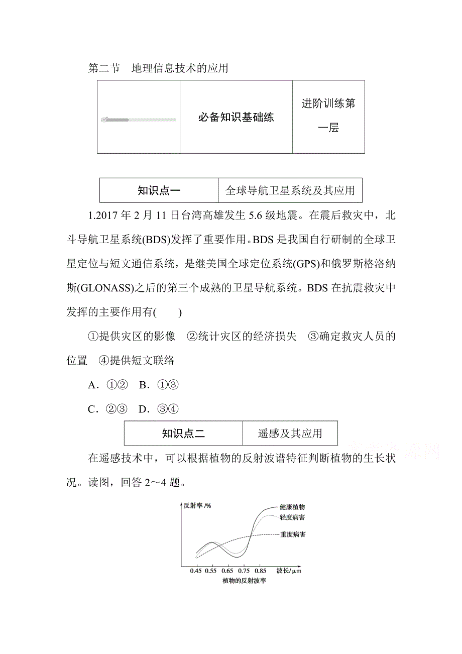 2020-2021学年新教材地理中图版必修第一册知识基础练：4-2 第二节　地理信息技术的应用 WORD版含解析.doc_第1页