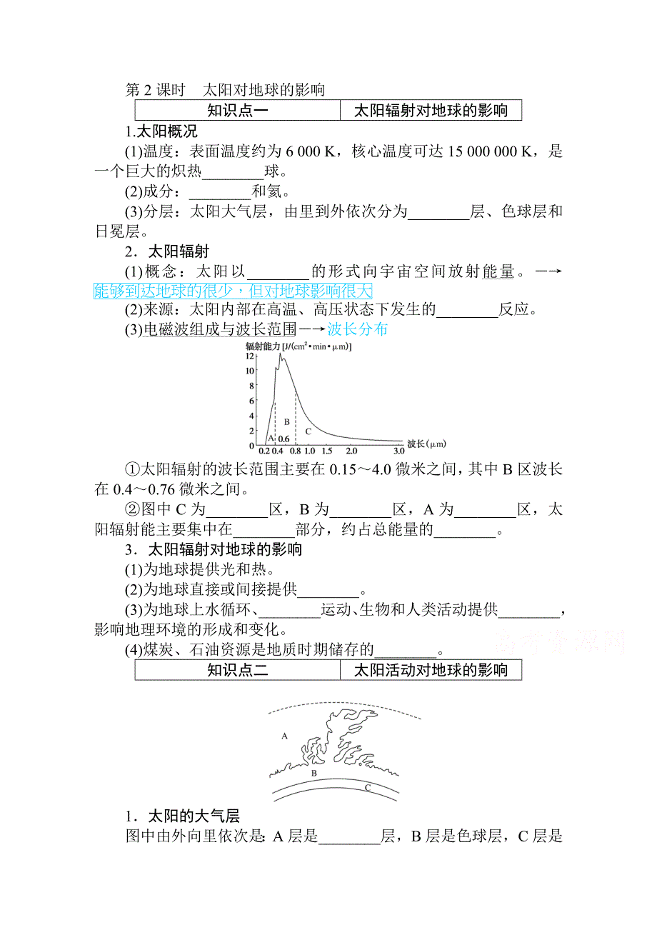 2020-2021学年新教材地理中图版必修第一册知识手册练习：1-1-2 太阳对地球的影响 WORD版含解析.doc_第1页