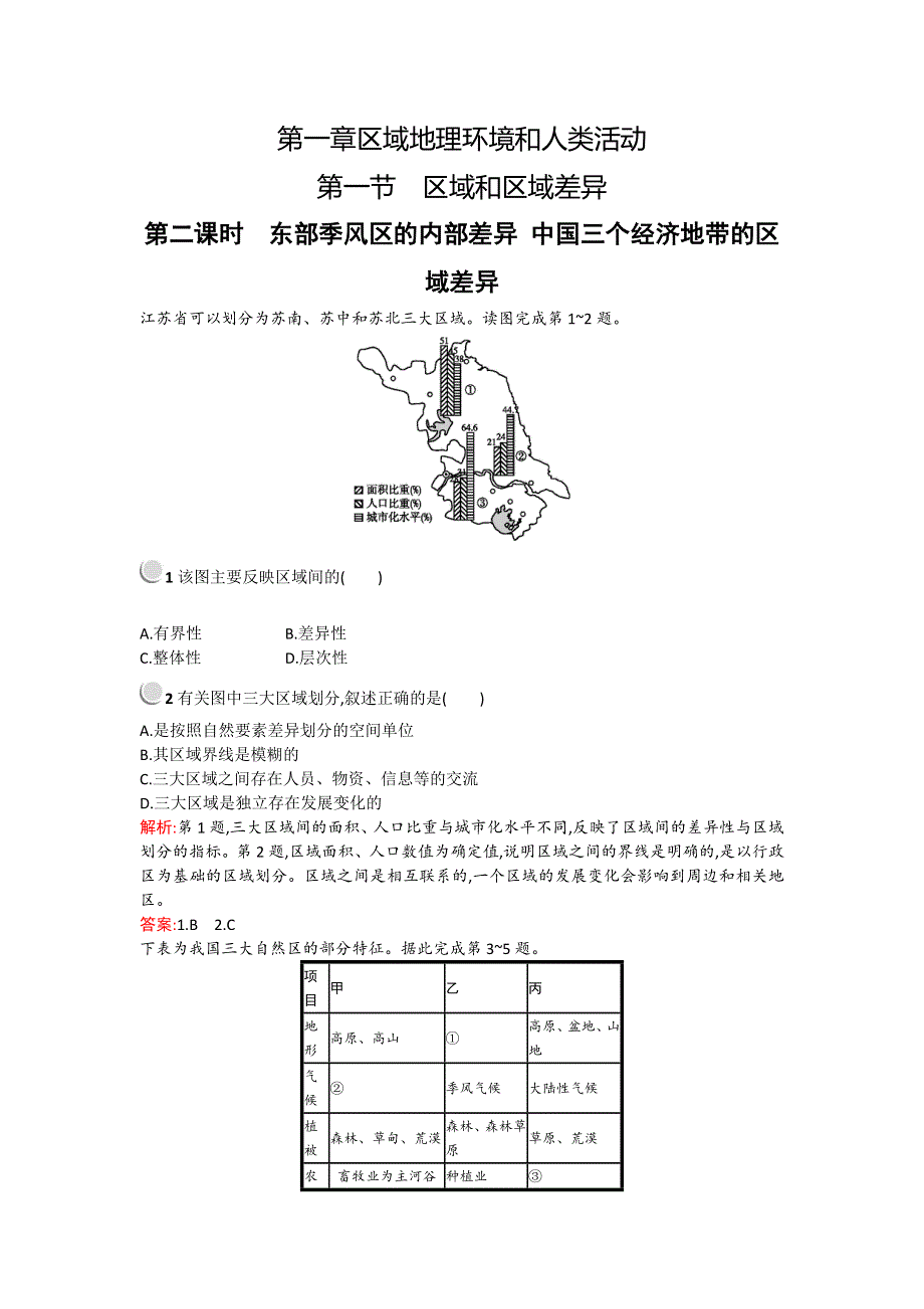 《备课参考》2015-2016学年高二地理中图版必修3课时作业：1.1.1-2 东部季风区的内部差异 中国三个经济地带的区域差异 WORD版含解析.doc_第1页