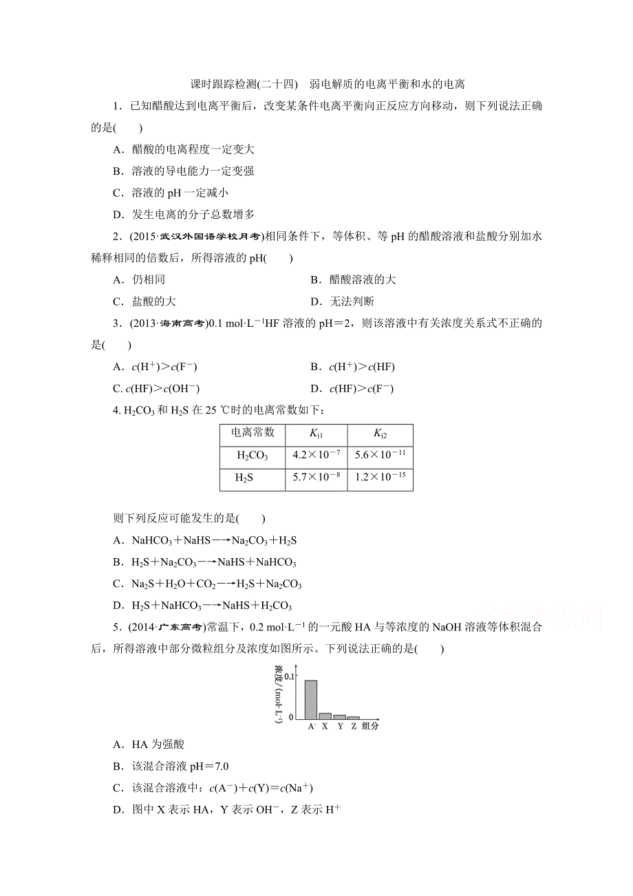 2016届《三维设计》高考一轮复习化学(人教版)配套作业：课时跟踪检测24 弱电解质的电离平衡和水的电离.doc_第1页