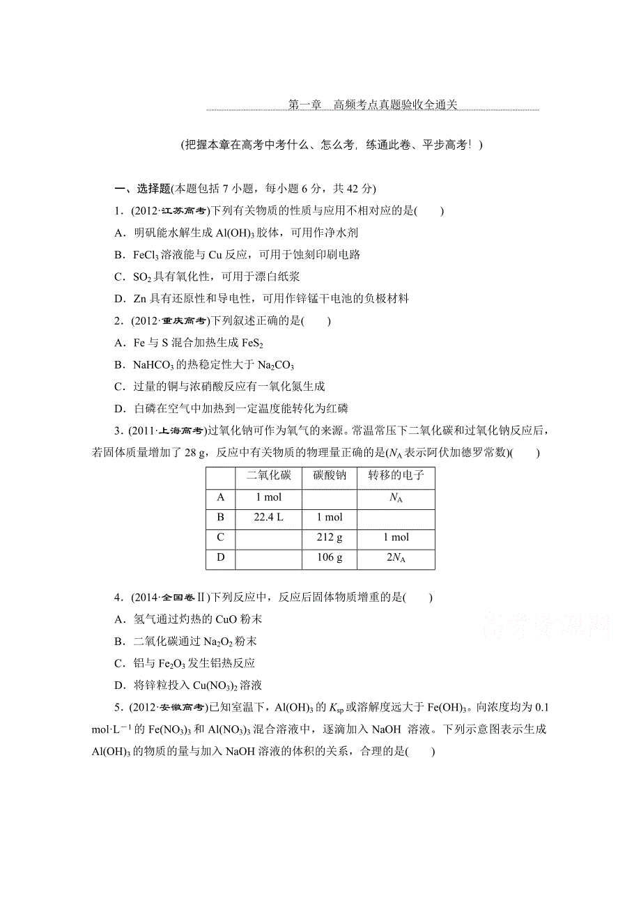 2016届《三维设计》高考一轮复习化学(人教版)配套作业：第一章 高频考点真题验收全通关.doc_第1页