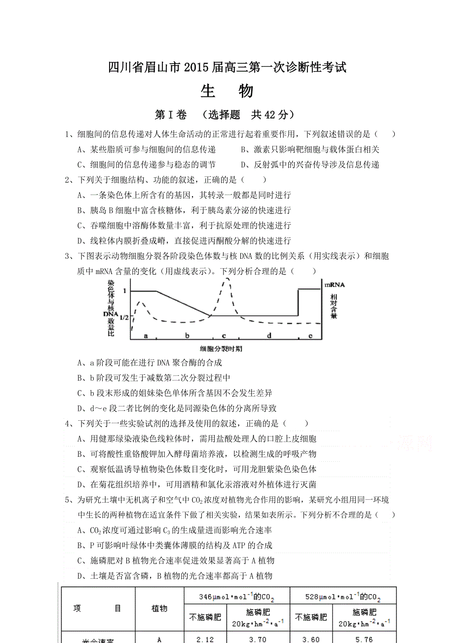 四川省眉山市2015届高三第一次诊断性考试生物试题 WORD版含答案.doc_第1页