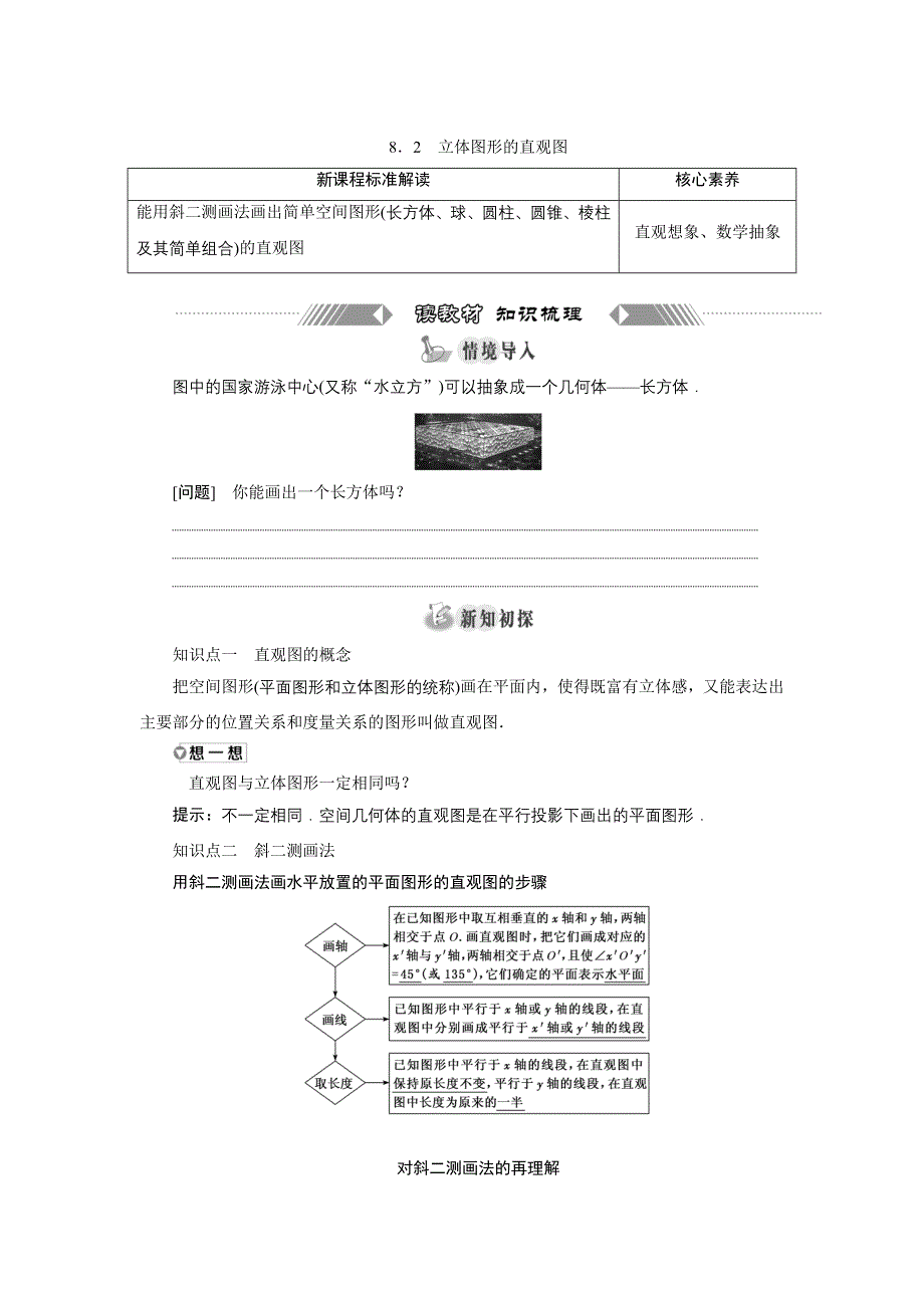 新教材2021-2022学年人教A版数学必修第二册学案：8-2　立体图形的直观图 WORD版含答案.doc_第1页