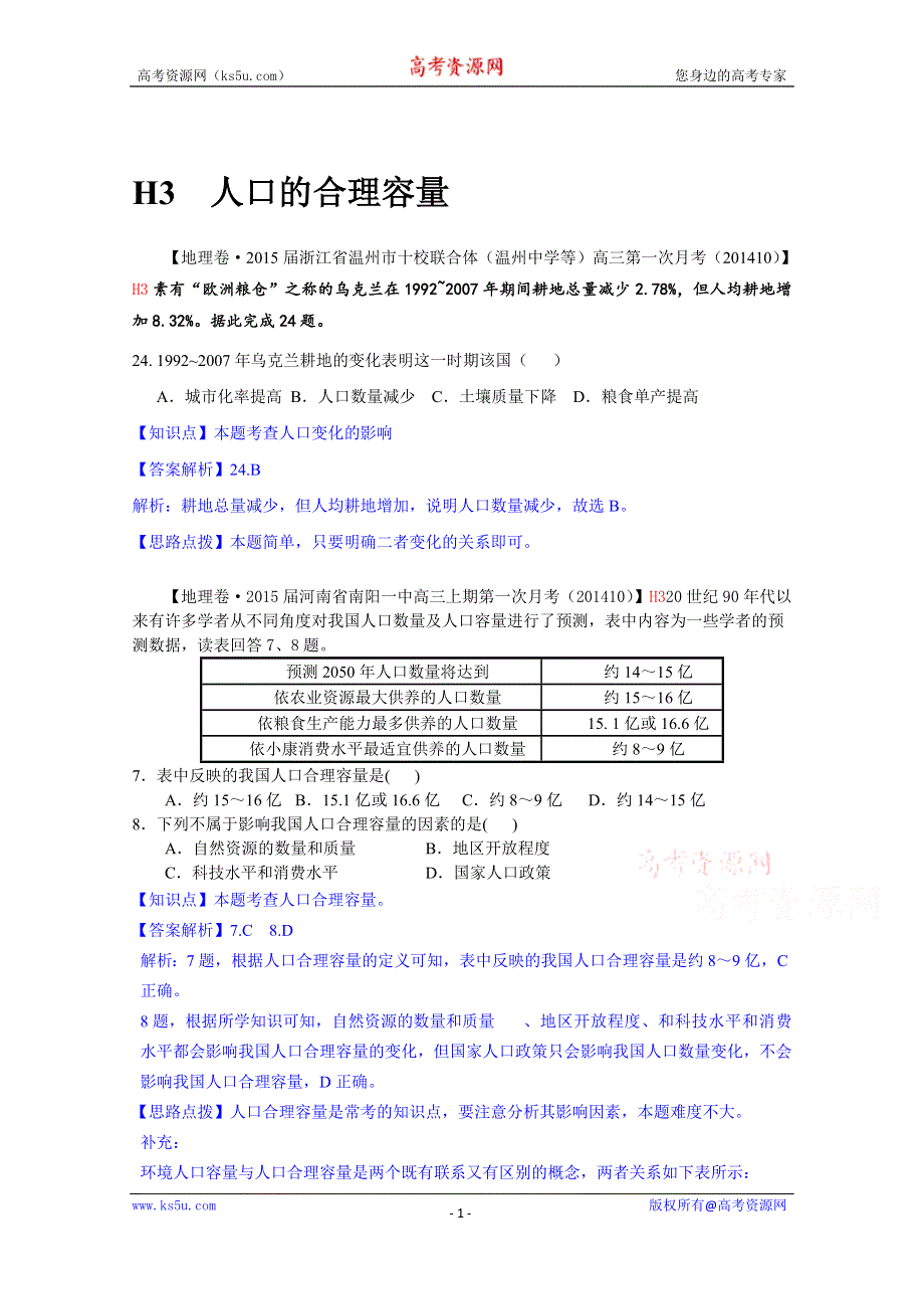 《备战2015高考》全国2015届高中地理试题汇编（10月）：H3人口的合理容量.doc_第1页