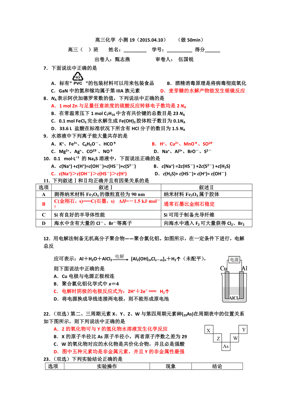 广东省台山市华侨中学2016届高三化学小测试题（2015.04.10） WORD版含答案.doc_第1页