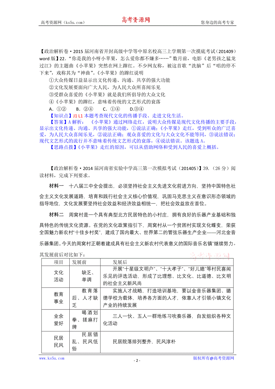 《备战2015高考》全国2015届高中政治试题汇编（10月第一期）：L单元 发展中国特色社会主义文化 WORD版含解析.doc_第2页