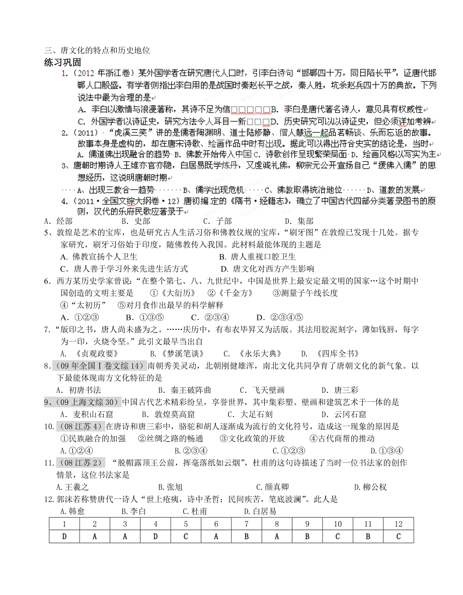 广西平南县中学2013届高三历史一轮复习学案：隋唐时期文化的繁荣（大纲版）.doc_第2页