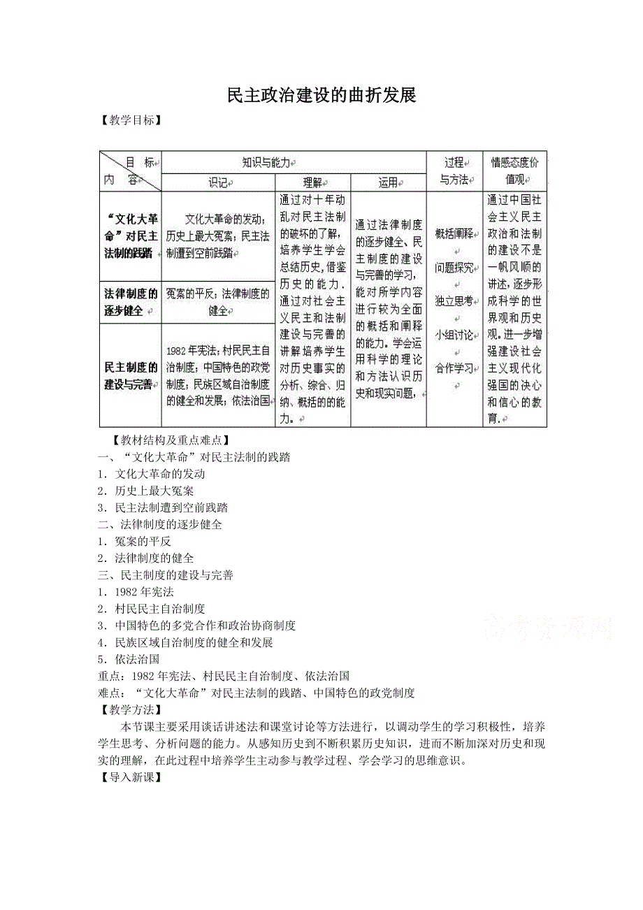 《备课参考》山西省运城中学高一历史人教版必修1教案：第21课 民主政治建设的曲折发展.doc_第1页