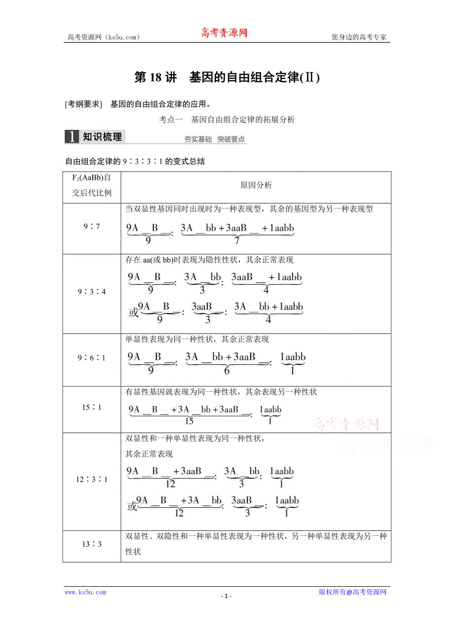 2016届《步步高》高考生物一轮复习 第18讲　基因的自由组合定律(2).doc_第1页