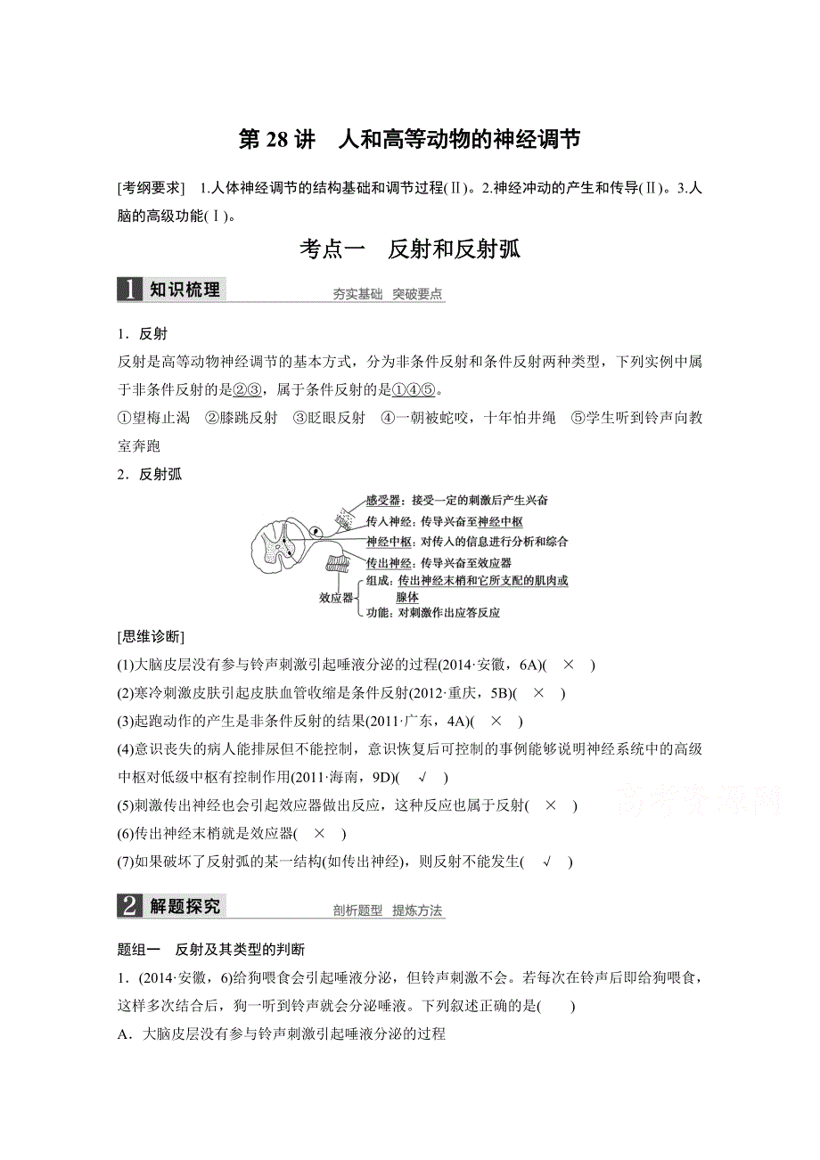 2016届《步步高》高考生物一轮复习 第28讲　人和高等动物的神经调节.doc_第1页