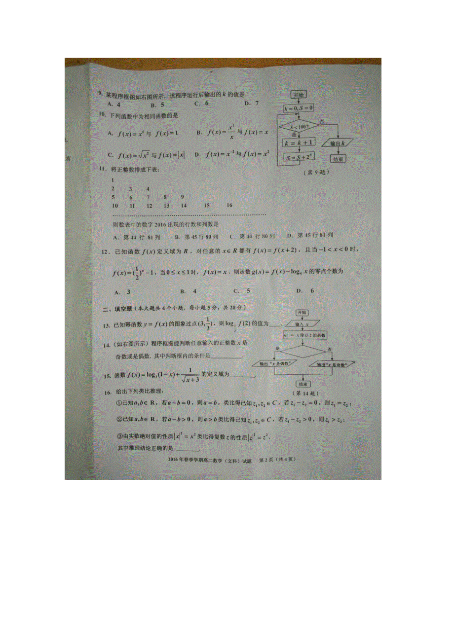 广西来宾市2015-2016学年高二下学期期末考试数学（文）试题 扫描版含答案.doc_第2页