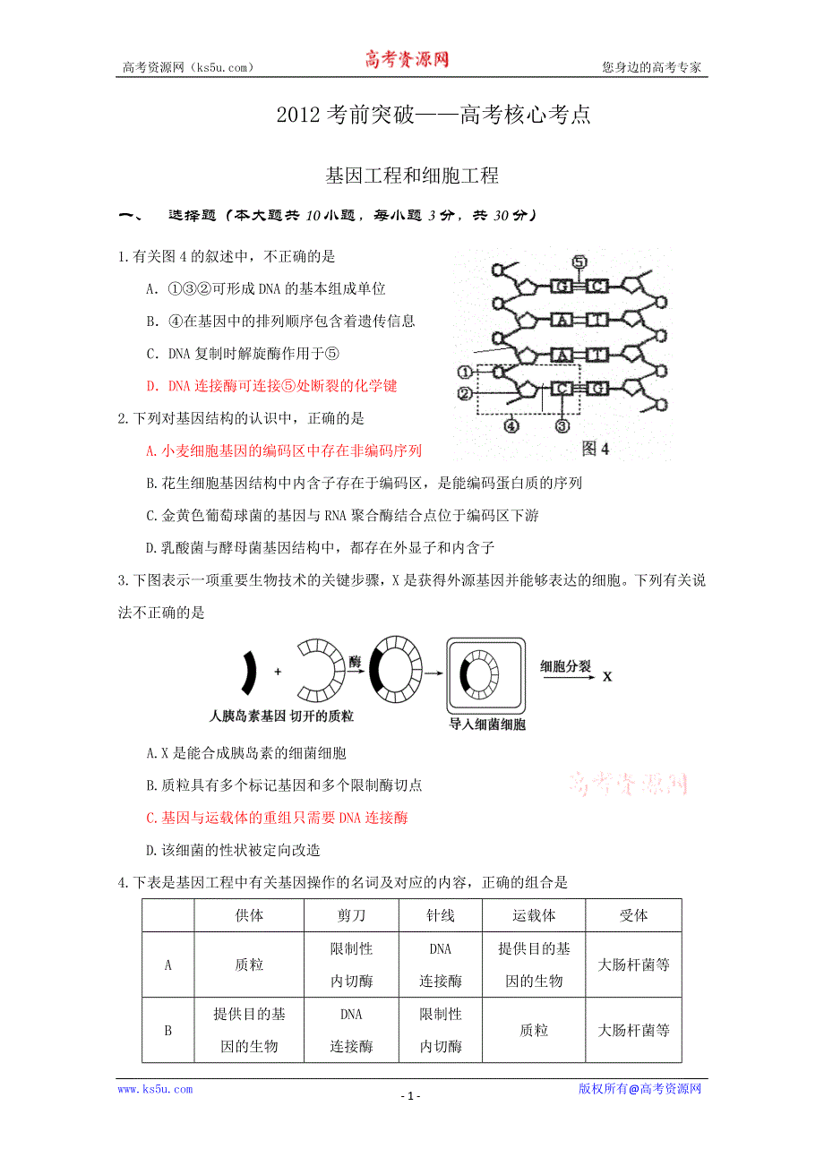 2012届高考生物考前核心突破：4基因工程和细胞工.doc_第1页