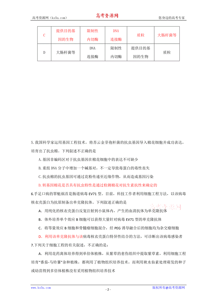 2012届高考生物考前核心突破：4基因工程和细胞工.doc_第2页