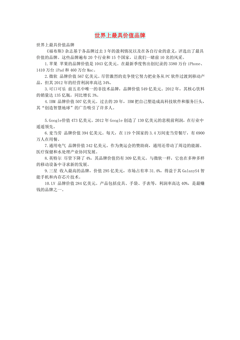 初中语文 文摘（社会）世界上最具价值品牌.doc_第1页