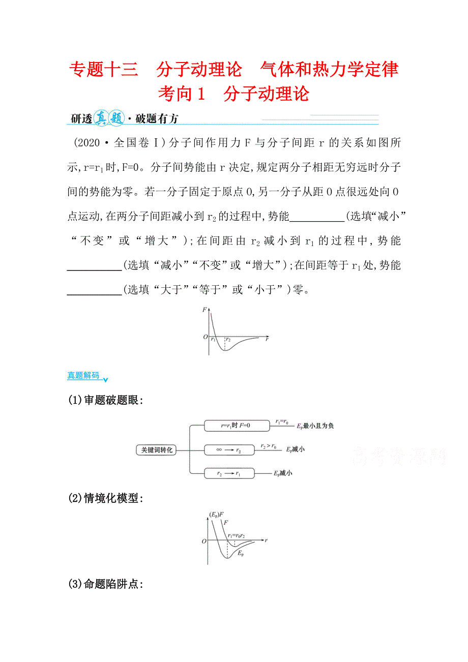 2021届高考物理二轮考前复习学案：第一篇 专题十三 考向1 分子动理论 WORD版含解析.doc_第1页