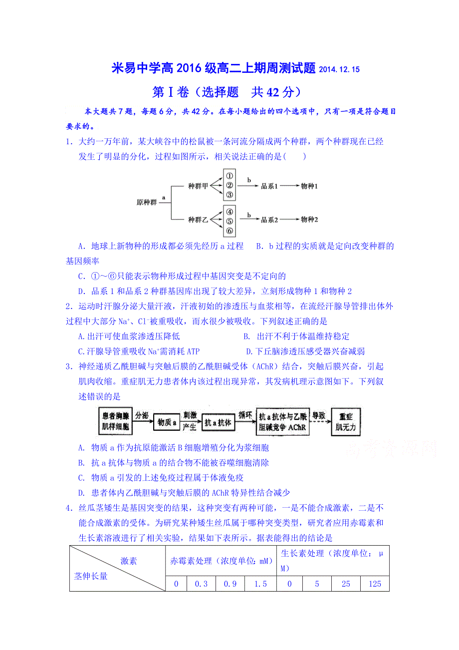 四川省米易中学2014-2015高二上学期生物周测1 WORD版含答案.doc_第1页