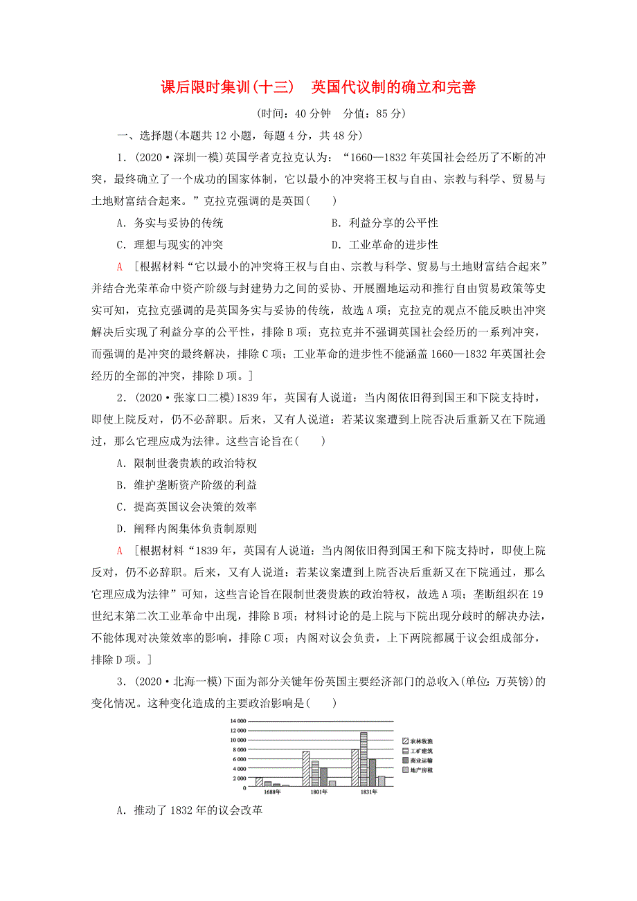 2022届高考历史统考一轮复习 课后限时集训13 英国代议制的确立和完善（含解析）人民版.doc_第1页