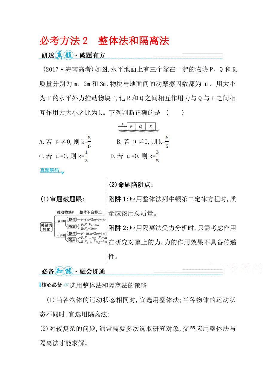 2021届高考物理二轮考前复习学案：第二篇 必考方法2 整体法和隔离法 WORD版含解析.doc_第1页