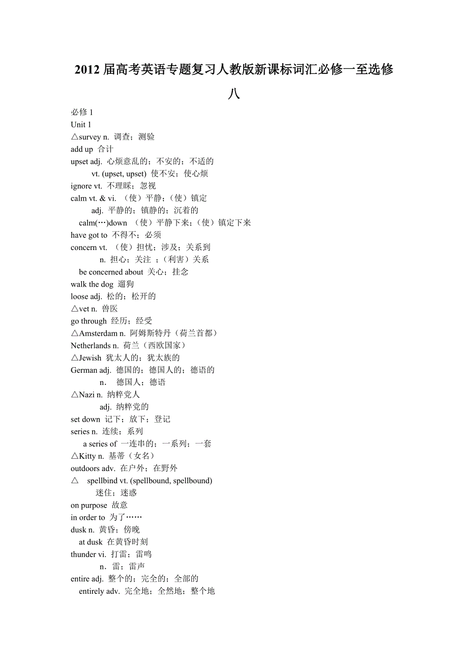 2012届高考英语专题复习人教版新课标词汇必修一至选修八.doc_第1页