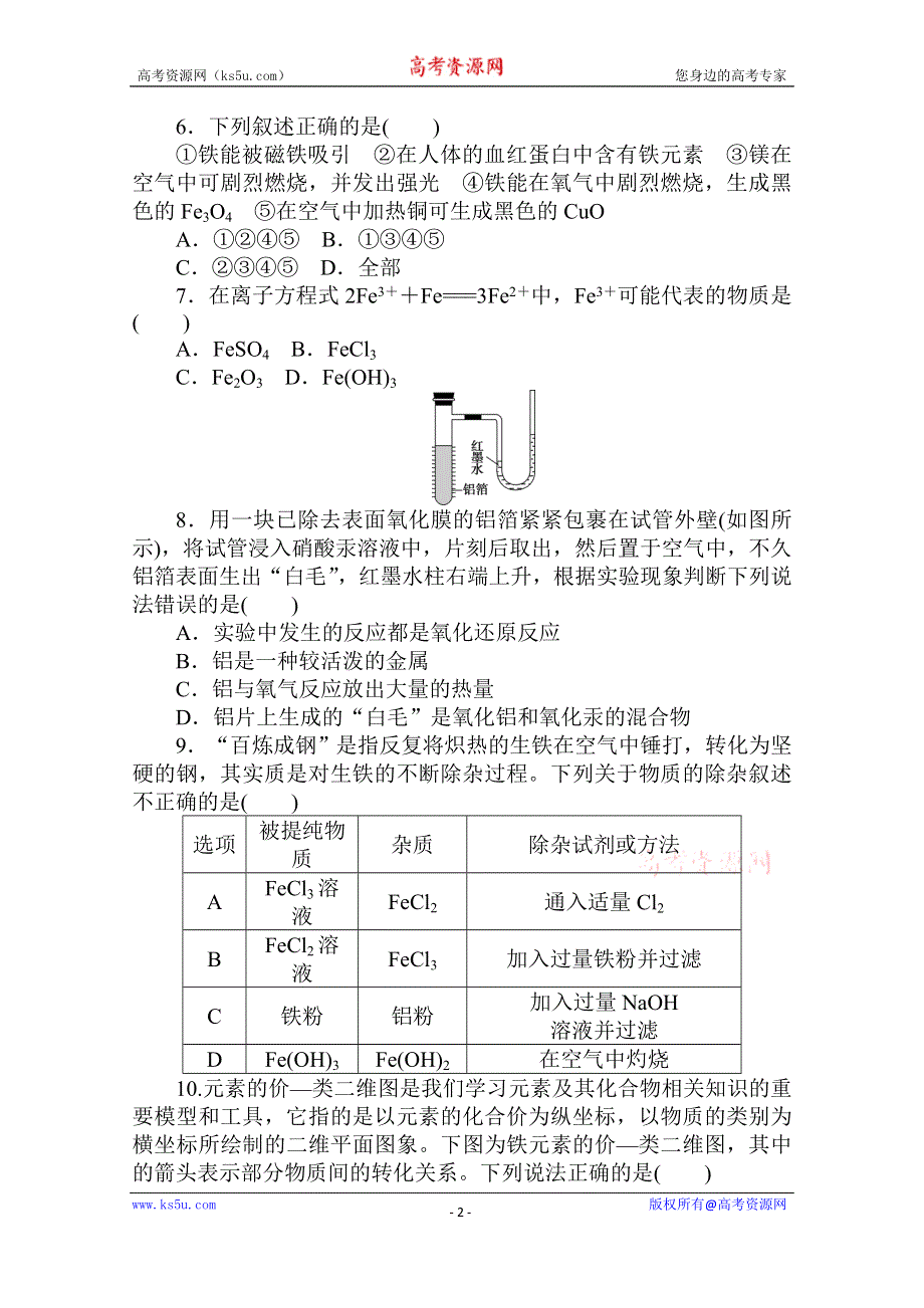 2020秋化学新教材人教版必修第一册层级练：章末质量检测卷（三） 第三章　铁　金属材料 WORD版含解析.doc_第2页