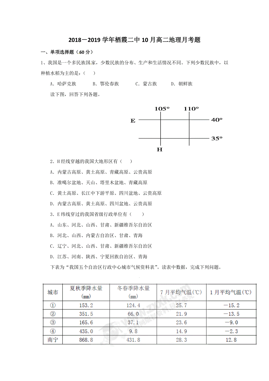 山东省栖霞市第二中学2018-2019学年高二10月月考地理试题 WORD版缺答案.doc_第1页