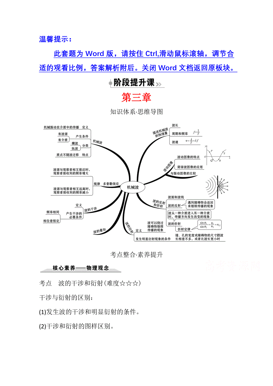 新教材2021-2022学年人教版物理选择性必修第一册学案：阶段提升课 第三章 机械波 WORD版含解析.doc_第1页