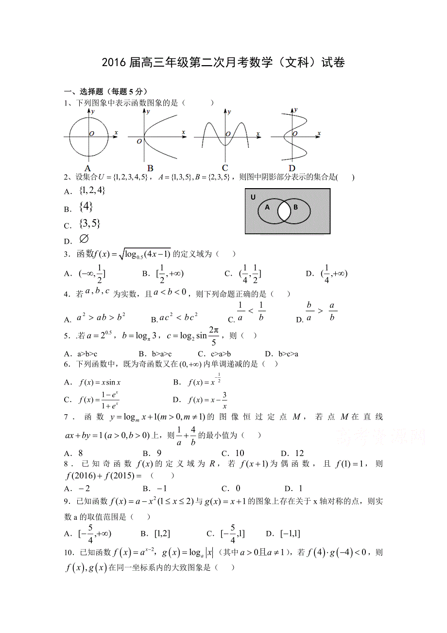 《首发》江西省宜春市上高二中2016届高三上学期第一次月考试题 数学（文） WORD版含答案.doc_第1页