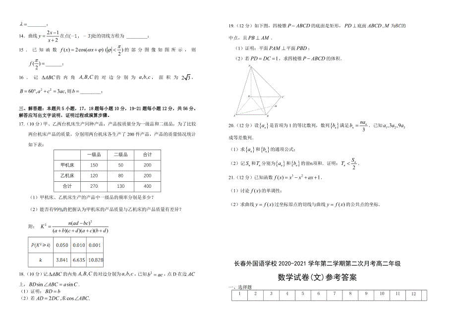 吉林省长春外国语学校2020-2021学年高二下学期第二次月考数学试题（文科） WORD版含答案.doc_第2页