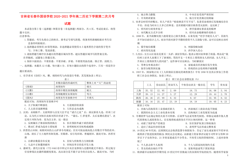 吉林省长春外国语学校2020-2021学年高二历史下学期第二次月考试题.doc_第1页