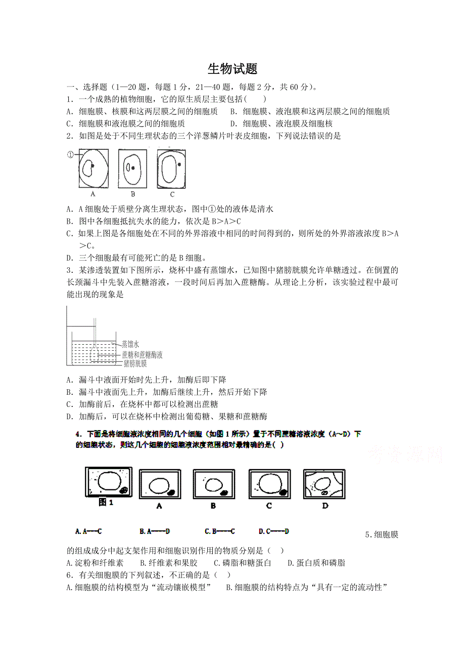 山东省枣庄第八中学2014-2015学年高一1月月考生物试题WORD版含答案.doc_第1页