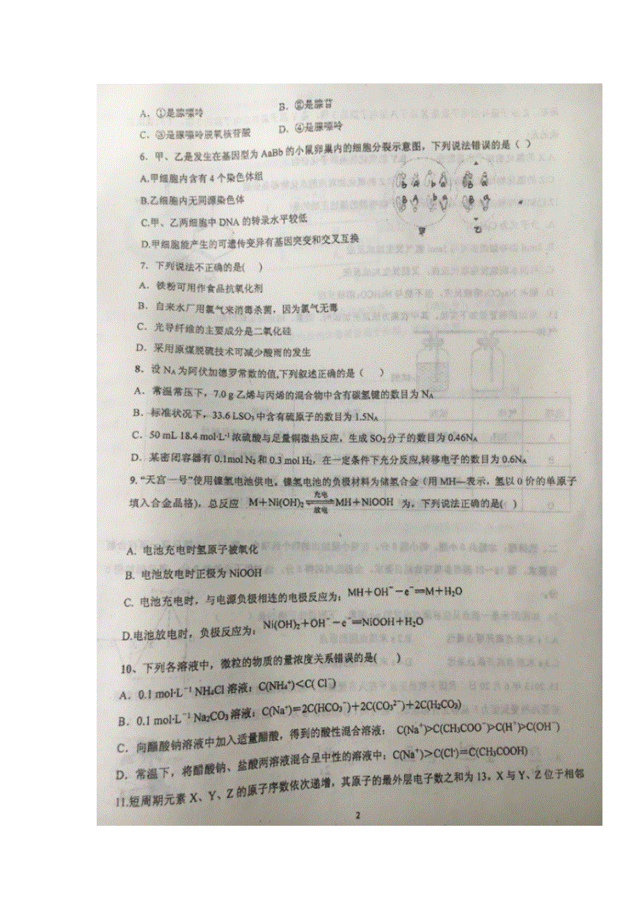 四川省简阳中学2017届高三9月月考理科综合试题 扫描版无答案.doc_第2页