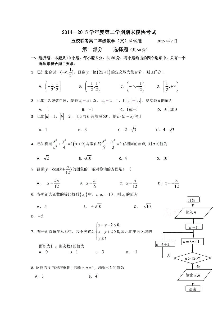 广东省广州市2014-2015学年高二下学期期末五校联考数学（文）试题 WORD版含答案.doc_第1页