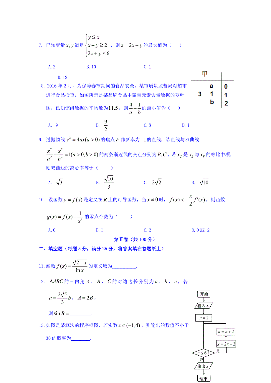 2016届高三下学期高考模拟试卷（山东卷）文数卷 WORD版无答案.doc_第2页