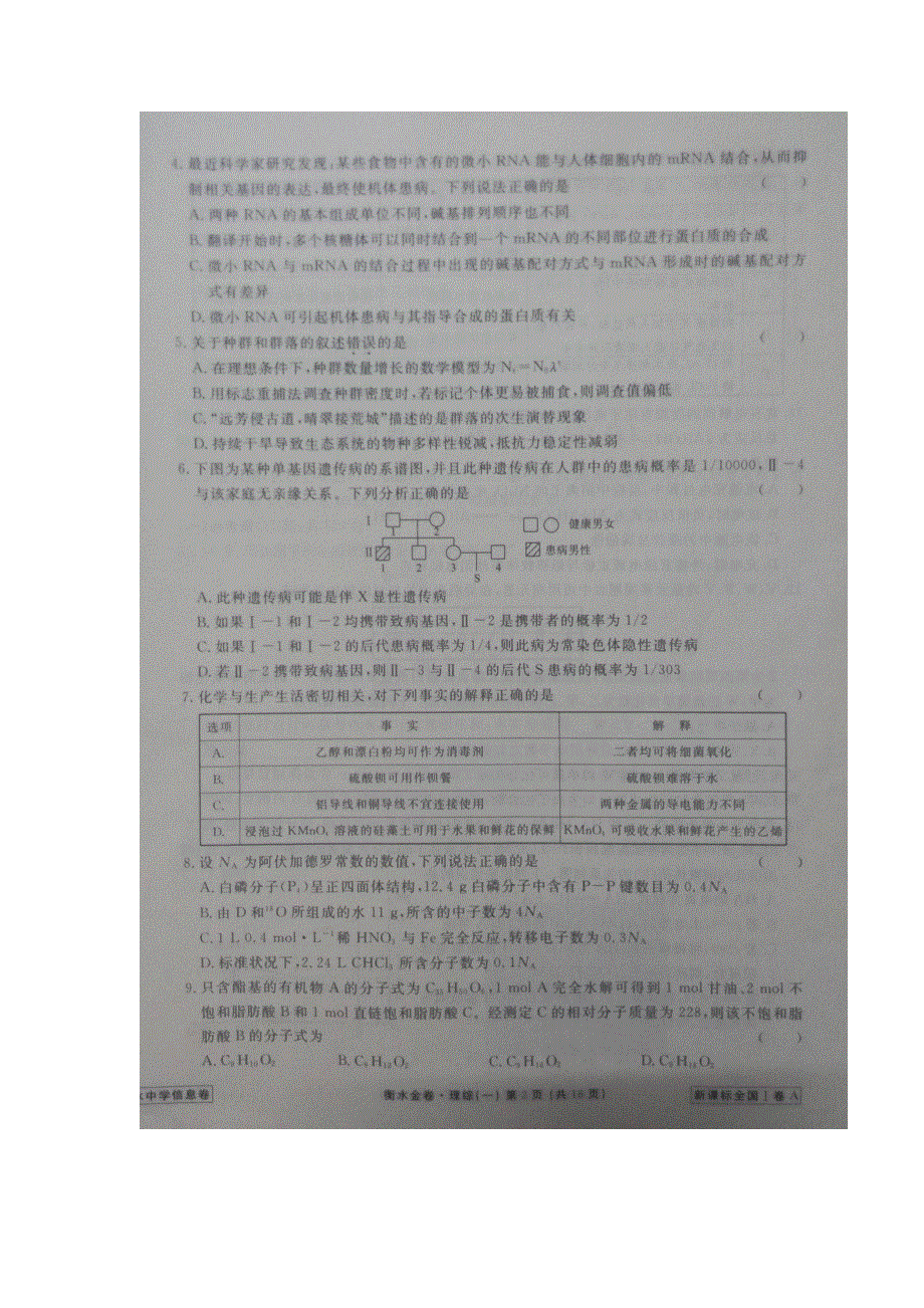 全国2016届高三下学期普通高等学校招生全国统一考试模拟试题（一）理科综合试题 扫描版含答案.doc_第2页