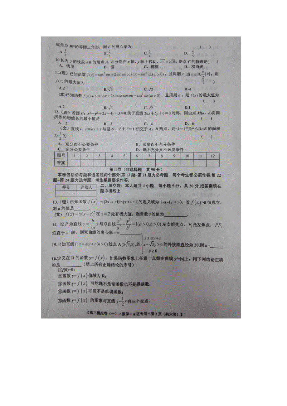 2016届高三全国（新课标区）金优试卷模拟（一）&数学试题 扫描版含答案.doc_第2页