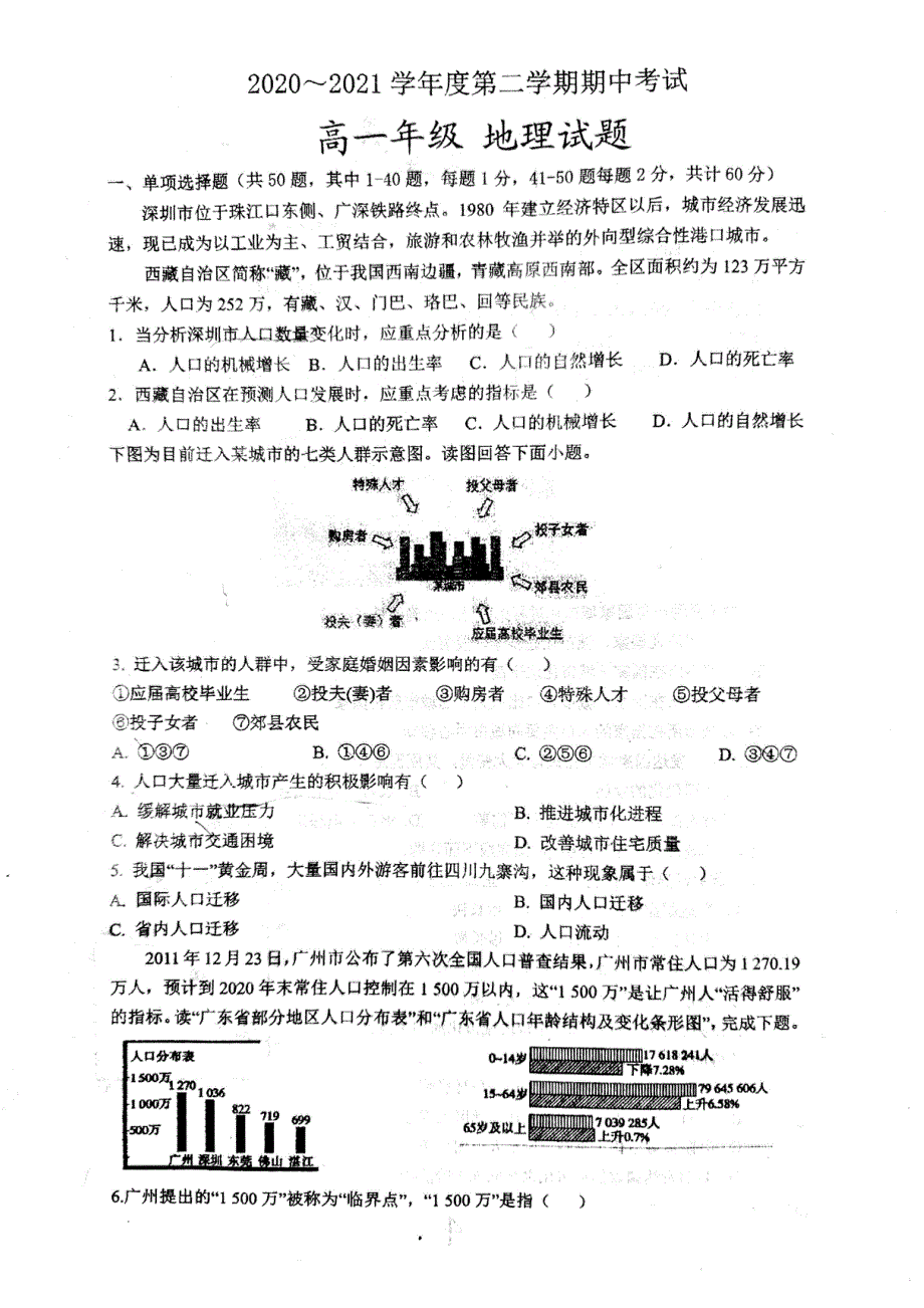 陕西省西安电子科大附属高中2020-2021学年高一下学期期中考试地理试题 图片版含答案.pdf_第1页