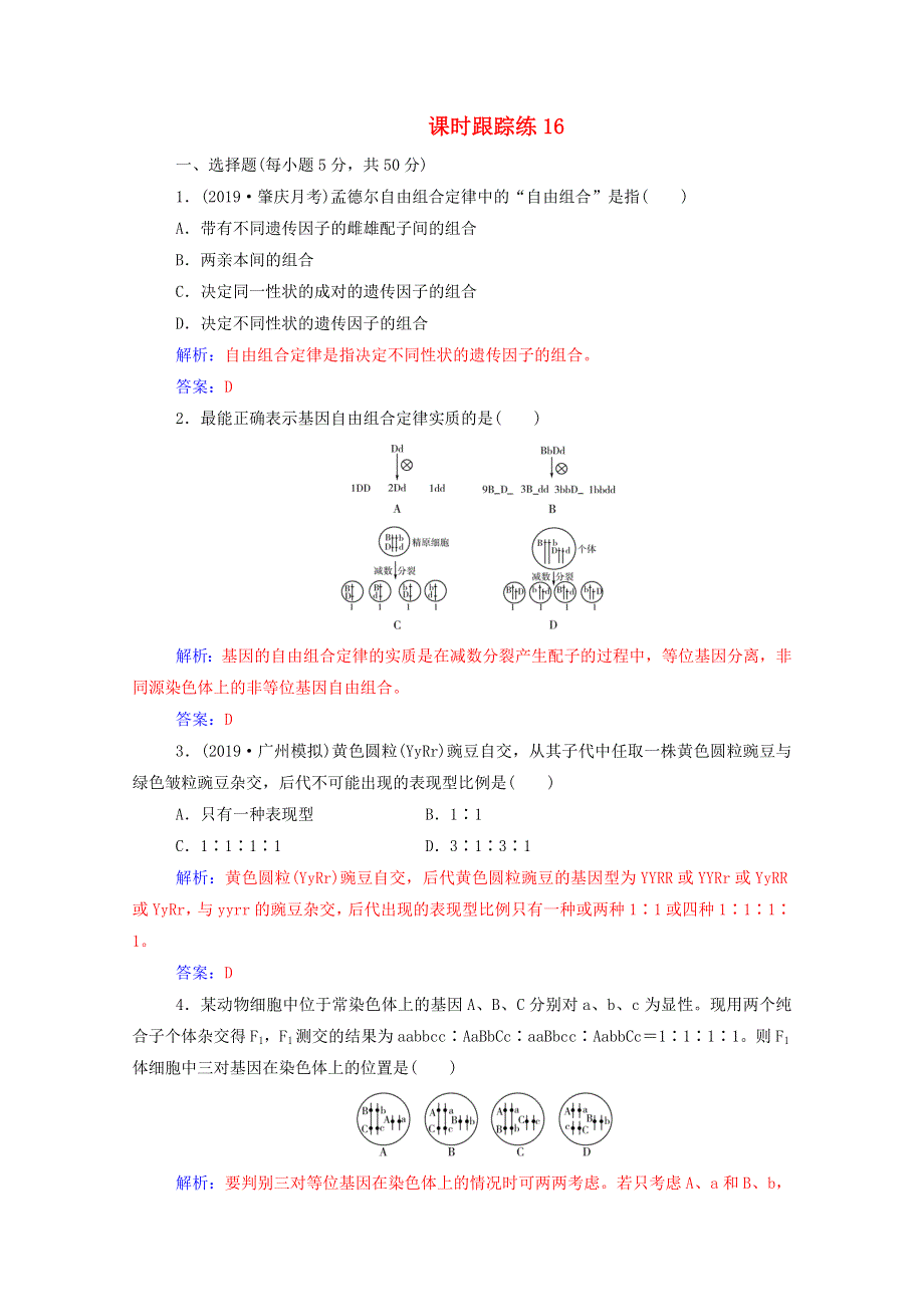 2021届高考生物一轮复习 第五单元 遗传定律和伴性遗传 第二讲 孟德尔豌豆杂交实验（二）课时跟踪练（含解析）新人教版.doc_第1页