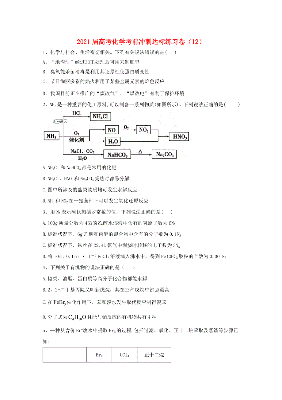 全国2021届高考化学考前冲刺达标练习卷十二（含解析）.doc_第1页