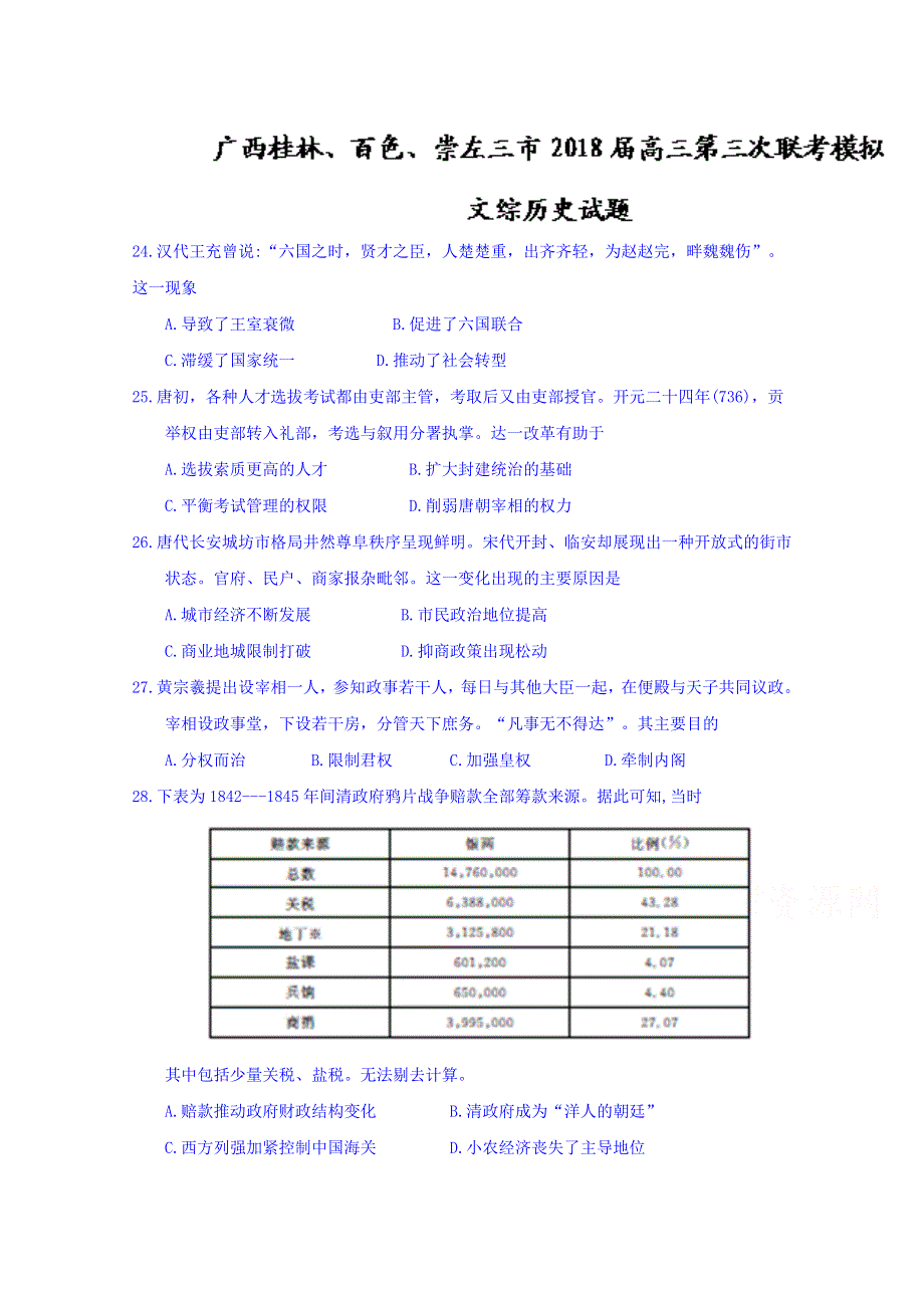 广西桂林、百色、崇左三市2018届高三第三次联考模拟文综历史试题 WORD版含答案.doc_第1页