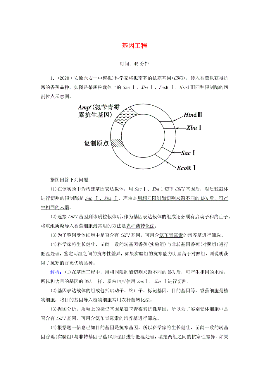 2021届高考生物一轮复习 第十一单元 现代生物科技专题 第36讲 基因工程课时作业（含解析）新人教版.doc_第1页