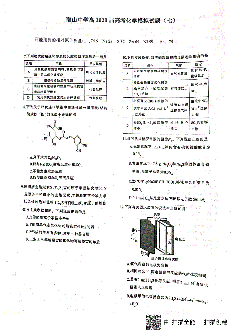 四川省绵阳南山中学2020届高三高考化学模拟试题（七） PDF版含答案.pdf_第1页